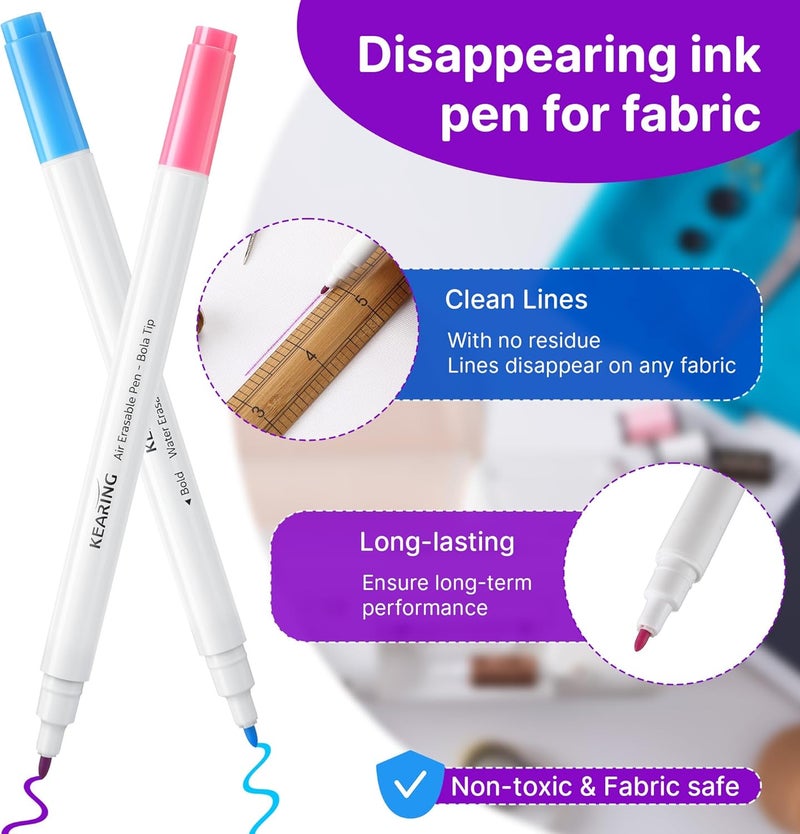 Avenuebool Fabric Markers for Sewing, 5 Count Pack, Includes 2 Water Soluble Fabric Marker 2 Air Erasable Pens 1 Eraser Marker, Disappearing Ink Pen, Sewing Quilting Embroidery Supplies - Image 5
